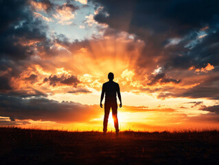 Obraz premium A sunrise breaking through storm clouds, with a person smiling at the horizon, representing the hopefulness of a positive mental attitude