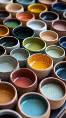 An artistic arrangement of colorful pottery bowls showcasing various vibrant hues and textures, perfect for design inspiration.