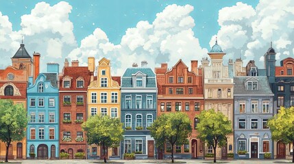 Fototapeta premium A Row of Colorful European Townhouses Under a Sunny Sky