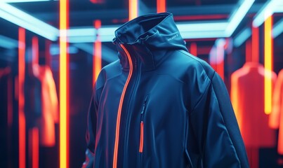 Obraz premium Blue jacket with red zipper in neon light.