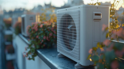 Air conditioning units on a rooftop surrounded by blooming flowers at sunset
