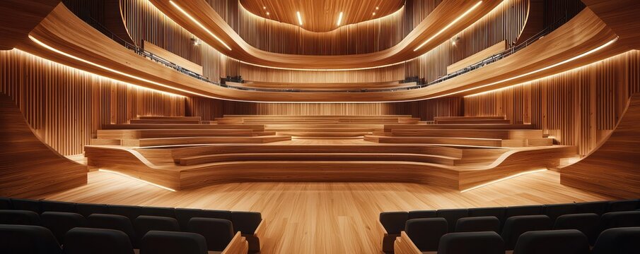A wooden concert venue in an urban area, designed with acoustically optimized wood panels that provide superb sound quality and a stunning visual backdrop