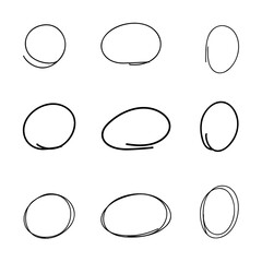 A set of circles, ovals, frames drawn by hand with a black marker in one line in doodle, comic style. A collection of sketch circles. Selection, circled. A graphic contour element for design 