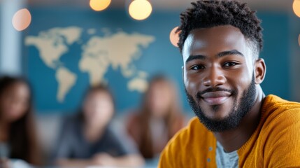Diverse students participate in collaborative learning in a modern classroom with world map on display