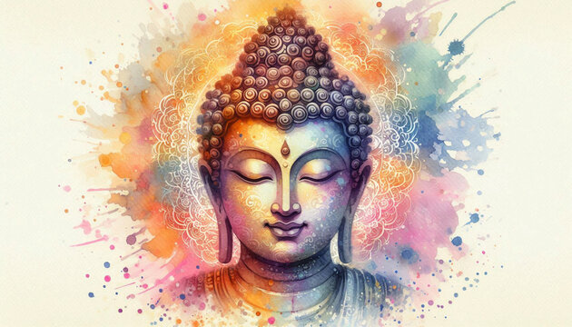 colorful watercolor painting Meditating Buddha statue for meditation, religion, zen, peace, Buddhism related concept