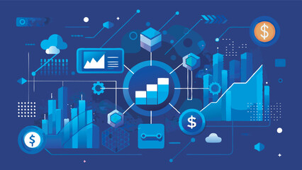An abstract digital cityscape with bar graphs symbolizing economic growth. Dollar symbol and cloud icons depict modern digital economy theme.