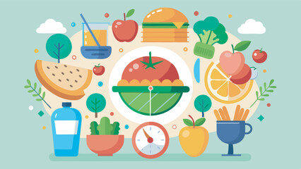Illustration promotes healthy eating with a variety of foods, emphasizing balance and timing. Vibrant image symbolizes well-being and lifestyle choices.