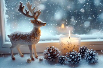 A White Reindeer Figurine and a Burning Candle with Pine Cones on a Snowy Windowsill