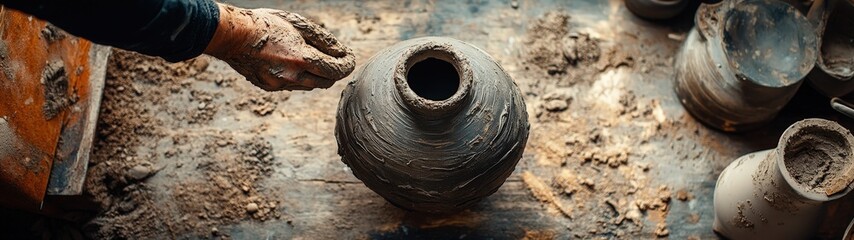 Naklejka premium Artisan shaping pottery with skilled hands in a rustic workshop. Craftsmanship and creativity blend seamlessly in this artistic process.
