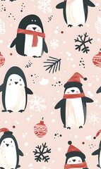 New Year's and Christmas festival seamless pattern in a 2D doodle illustrator style on pastel color backgrounds for graphic advertising.