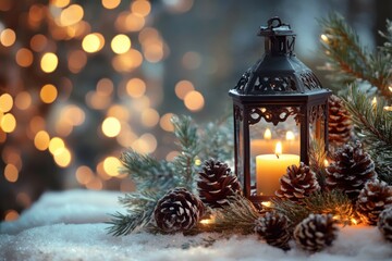 A Lantern with Candles and Pine Cones in the Snow