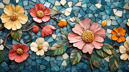 Beautiful mosaic featuring colorful flowers against a vibrant blue background, perfect for art and design inspiration.