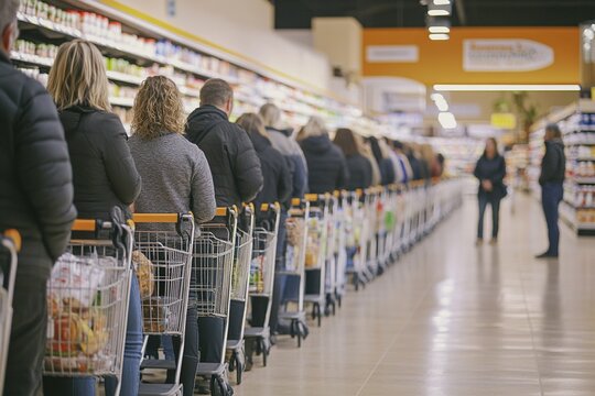 Black Friday Customers are waiting in line with shopping carts in supermarket during black friday sales