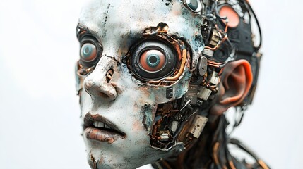 Fototapeta premium A grotesque cyborg zombie with exposed tech components, covered in Halloween party masks, cyberpunk horror style, isolated on white background