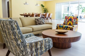 Fototapeta premium Minimalist Century Modern interior photo of a small apartment with a yellow wall and sofa and a hardwood table with an armchair, living room and kitchen view. Generative AI 