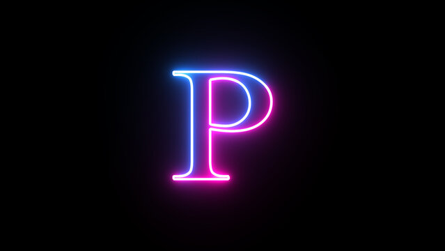 Glowing neon capital letter alphabet P. Purple and blue neon font letter "P" on black background. Educational concept