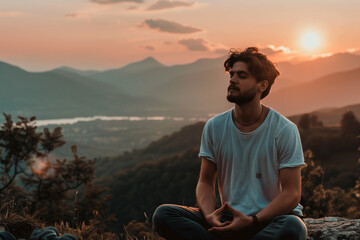 Man sitting on a mountain cliff at sunset, meditating and admiring the scenic view of nature.