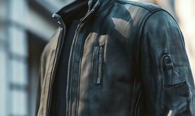 Close-up of a black leather jacket.