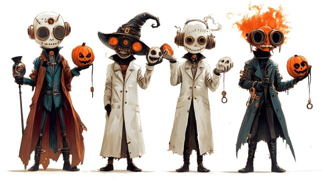 A mad scientist in a lab coat, holding Halloween party masks, steampunk style, detailed character design, isolated on white background