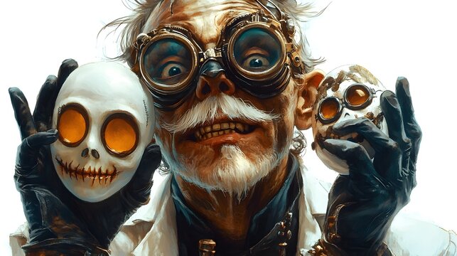 A mad scientist in a lab coat, holding Halloween party masks, steampunk style, detailed character design, isolated on white background