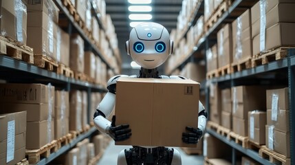 Fototapeta premium Humanoid robot working in a futuristic warehouse carrying boxes
