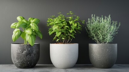 Three stylish planters with fresh herbs: basil, parsley, and thyme, set against a dark background, showcasing a modern, minimalist aesthetic.