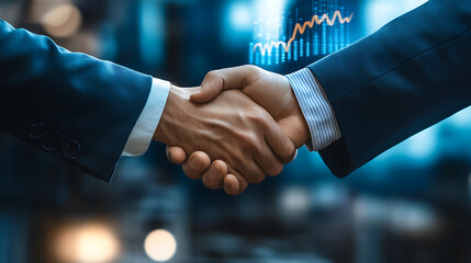 A handshake between two business executives, symbolizing the closing of a successful investment deal. The image reflects trust, partnership, and the growth potential of business investments. 