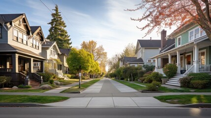 Fototapeta premium A tranquil suburban street lined with charming houses and lush trees under a clear blue sky, evoking a sense of peaceful community living.