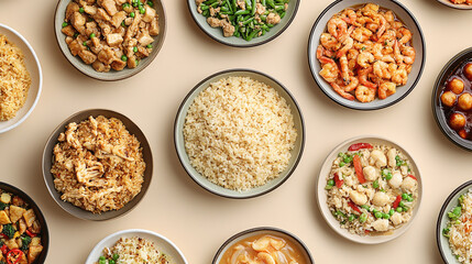 asian rice dishes in plates on beige background, top view, flat lay, copy space