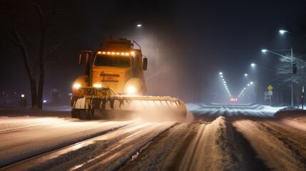 A snowplow clearing a snowy road at night, illuminated by streetlights and the vehicle's headlights, ensuring safe passage through the wintry streets.