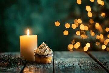 A Festive Cupcake with a Candle and Christmas Lights