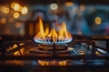 Flames rising from a gas burner on a kitchen stove, with warm ambient lighting and a blurry background.