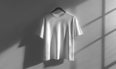 White t-shirt on hanger against gray wall.