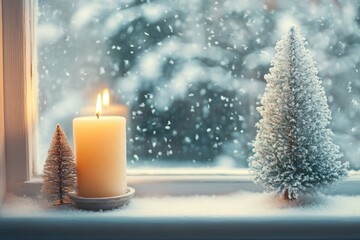 A Candle, Small Tree, and Snow-Covered Windowpane