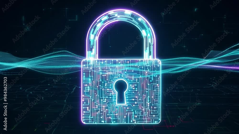 Poster A futuristic digital lock symbolizing security and encryption stands against a backdrop of glowing wave patterns, highlighting data protection and technology.