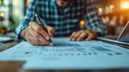 Image of desk with business plan file with charts and notes organizing business planning, marketing, management.