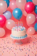 Birthday cake and balloons on pastel pink coloured background.