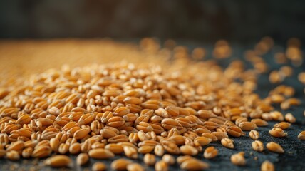 Obraz premium A close-up view of scattered golden grains on a dark surface, highlighting their texture and natural color.