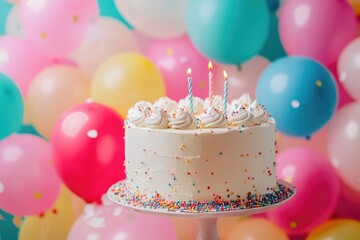 Birthday cake and balloons on pastel coloured background.