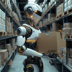 Fototapeta premium Humanoid robot working in a futuristic warehouse carrying boxes