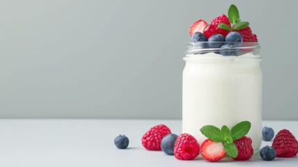 A jar of creamy yogurt topped with fresh berries and mint leaves sits on a light surface, offering a refreshing and healthy treat.