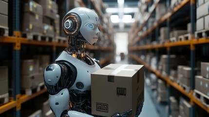 Humanoid robot working in a futuristic warehouse carrying boxes
