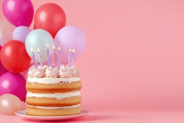 Birthday cake and balloons on pastel pink coloured background.