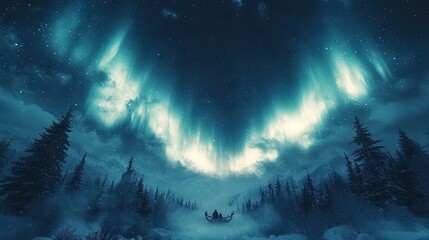 Obraz premium Santa Claus flying across the night sky in his sleigh pulled by reindeer, the aurora borealis glowing in vibrant colors, casting a magical light on a snow-covered wilderness below, with twinkling star