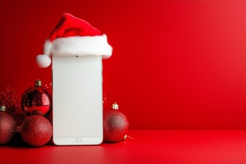 A white cell phone is sitting on a red background with a red hat on top of it. The hat is a Santa hat, and the cell phone is surrounded by red and gold ornaments. The image conveys a festive
