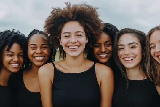 A group of women with curly hair are smiling and posing for a picture. Scene is happy and friendly