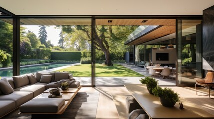 A luxurious modern home with expansive glass windows opening onto a lush garden, combining indoor and outdoor living seamlessly.