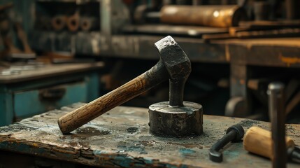 Metal planishing hammer in workshop