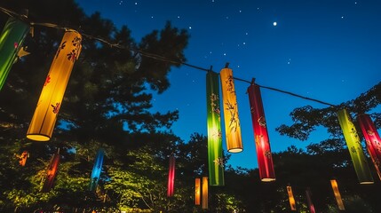 A vibrant Tanabata festival scene with colorful paper decorations swaying gently under a starlit night sky, capturing the festive atmosphere and the traditional celebration of wishes.
