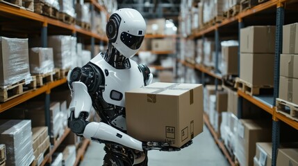 Fototapeta premium Humanoid robot working in a futuristic warehouse carrying boxes